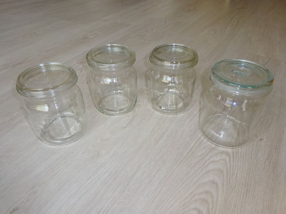 4 Einmachgläser je 1 l, mit Deckel, Kerzenglas etc., Vintage in Obertraubling