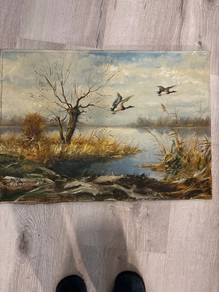 Altes Ölbild Teich mit Enten ohne Rahmen in Weil am Rhein