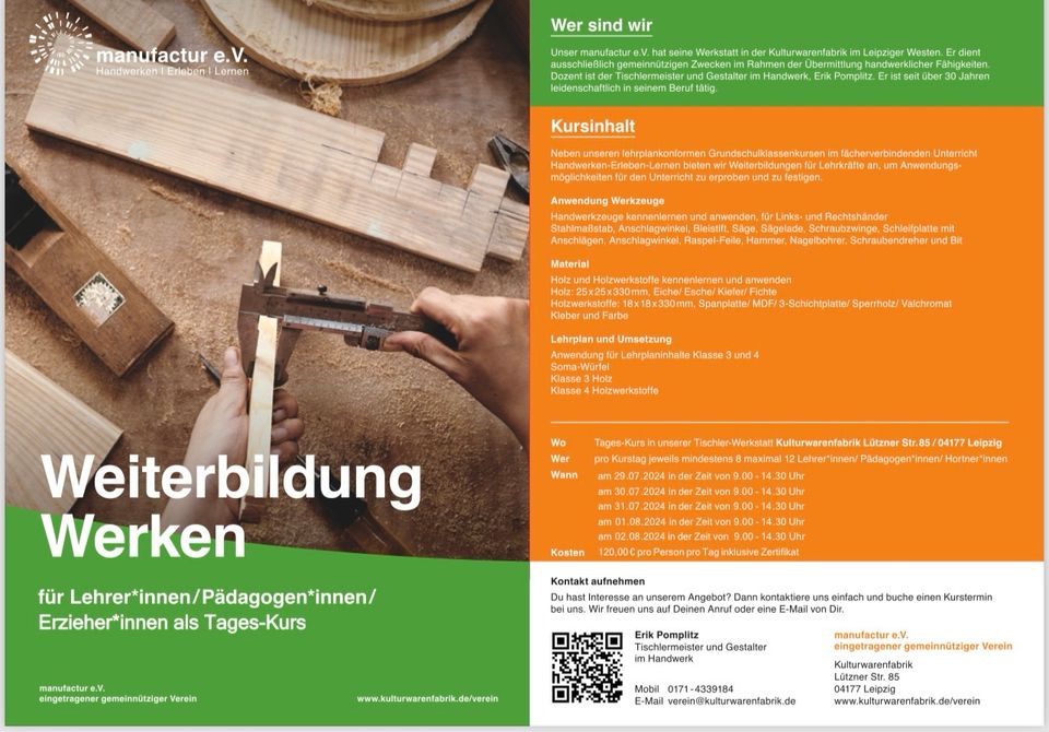 Kurs Holz Handwerk 2024 Weiterbildung Werken für Lehrkräfte in Leipzig