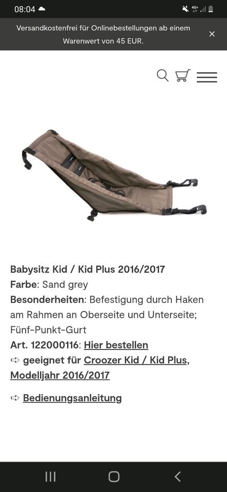 Original Croozer Babysitz Hängematte für Fahrradanhänger 1 - 10 M in Tauberbischofsheim