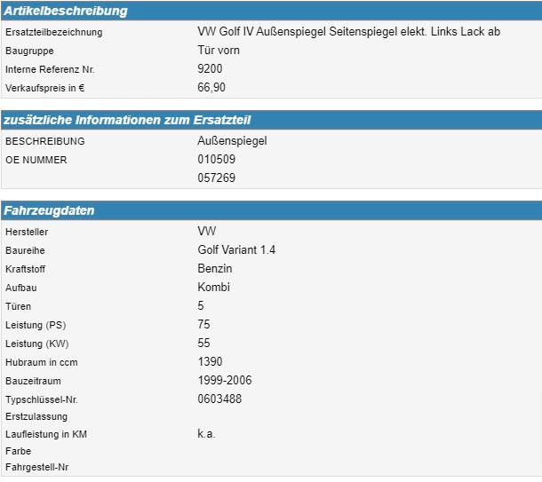 VW Golf IV Außenspiegel Seitenspiegel elekt. Links Lack ab 010509 in Bottrop