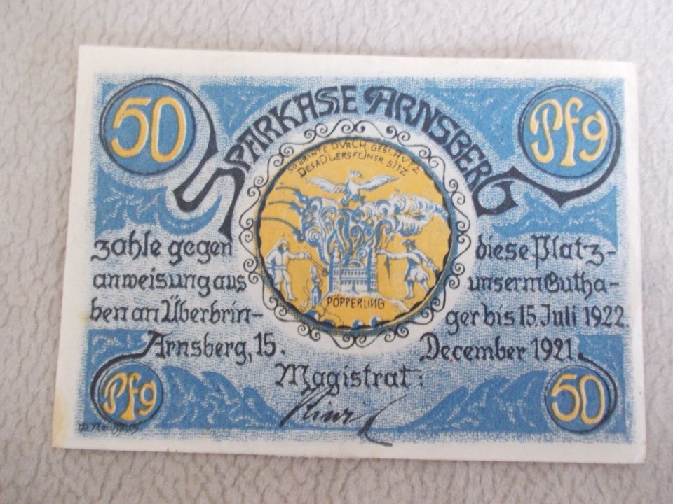 3 x 50Pfg. Sparkasse Arnsberg , 15. Dez. 1921 Magistrat in Sundern (Sauerland)