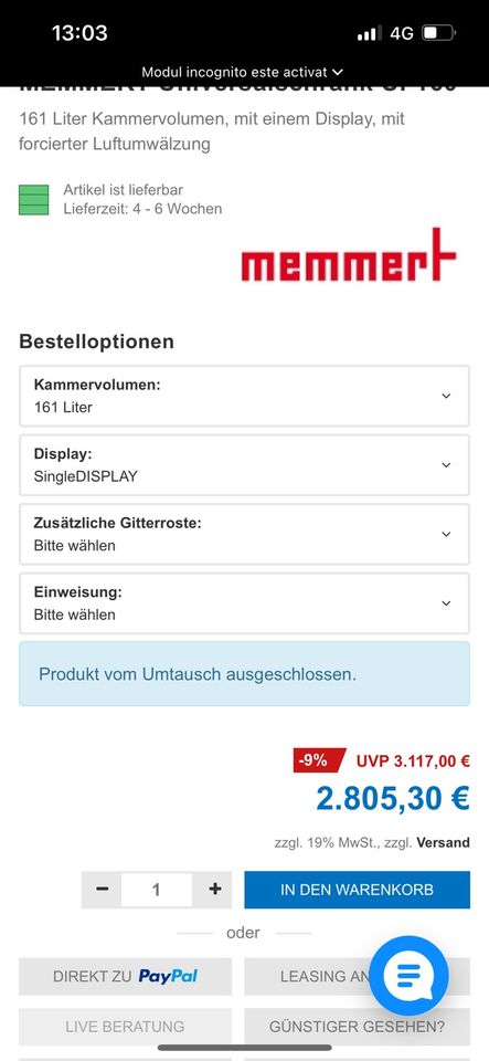Memmert Universal Schrank UF 160 NEUWERTIG Neupreis 3000€ in Fürstenzell