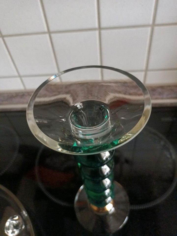 Kerzenständer Glas grün/klar/gold 24 cm hoch ohne Makel! in Kölleda