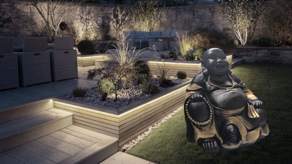 Glücks Buddha Schwarz und Gold Dick Gartendekoration Steinfigur in Leverkusen