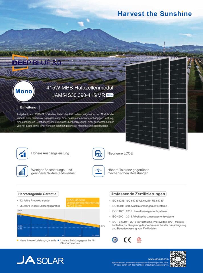 Solarmodule / Solarpanel JA Solar 405W Mono GRATIS-Lieferung in Hamburg