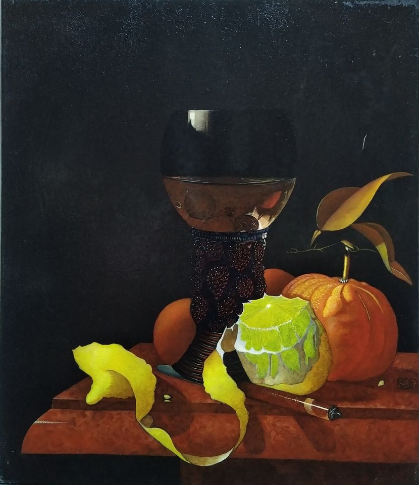 Stillleben, Ölbild mit Wein Glas, einer Orange und Zitrone. Signi in Aachen