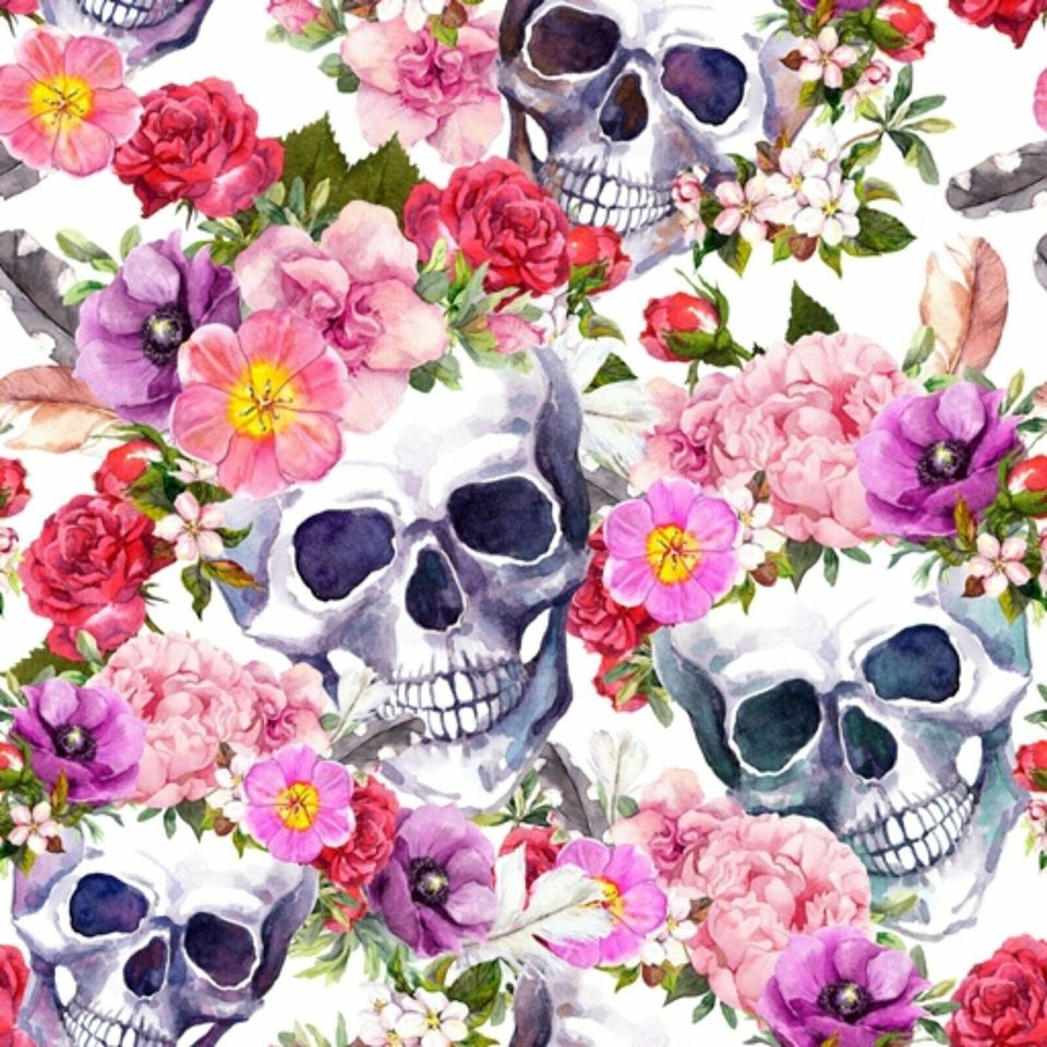 1m wunderschöner Baumwolljerseydruck Totenkopf und Blumen Skulls in Himmelstadt
