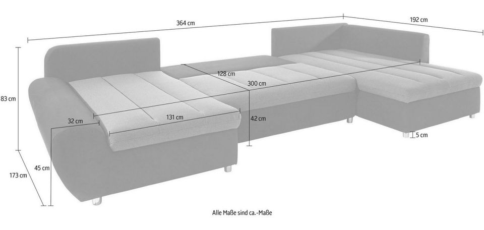 Wohnlandschaft 364cm Schlaffunktion Bettkasten Grau Bandos Sofa in Köln