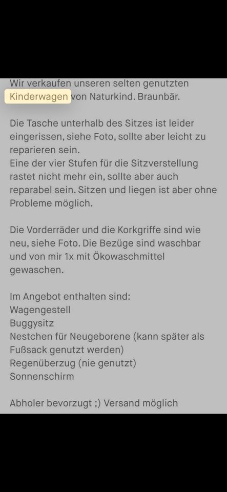 Kinderwagen Narurkind Varius Braunbär Öko kaum benutzt Luftreifen in Krefeld