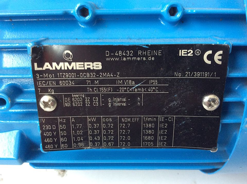 2x Lammers 3-PH Motor 1TZ9001-0CB32-2MA4-Z, 370W, 1380U/min in Korschenbroich