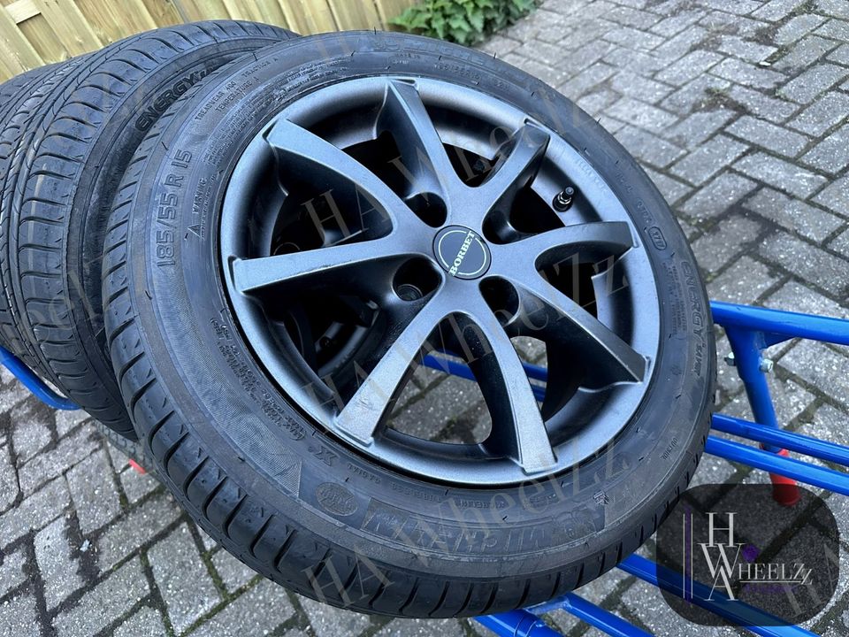 BORBET Alufelgen grau Sommerräder 4x100 ➡️ 185/55 R15 MICHELIN Sommerreifen ➡️ Hyundai Accent Getz i10 Kia Picanto JA Nissan Micra K12 K13 ➡️ Sommer Reifen Felgen ET35 in Bünde