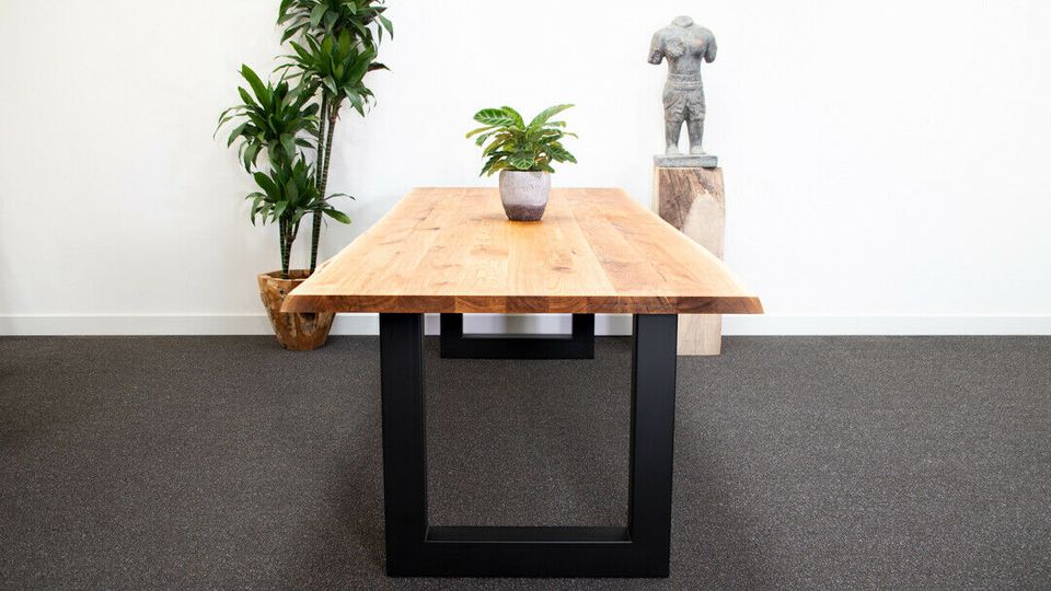 Eichentisch 220x100cm "JEDE GRÖßE MÖGLICH" Esstisch Baumkante Tisch Geölt Massivholztisch Eichentisch Wohnzimmertisch Holztisch Design Tisch Stahlbeine Edelstahl Tischbeine in Ochtrup