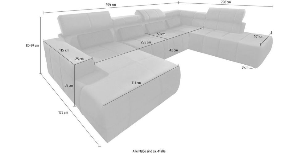 Wohnlandschaft 359cm Grau Microfaser Brandon U-Form Sofa Couch in Köln