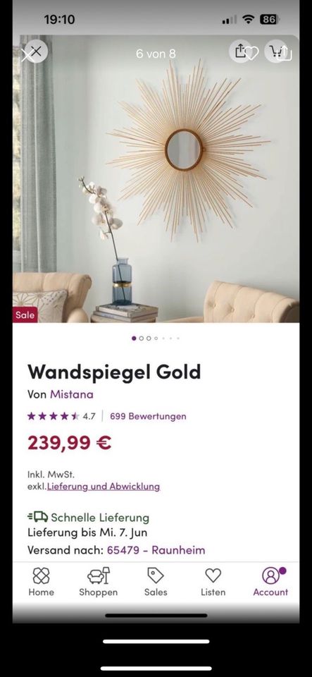 Wayfair Wandspiegel Sonne gold in Rüsselsheim