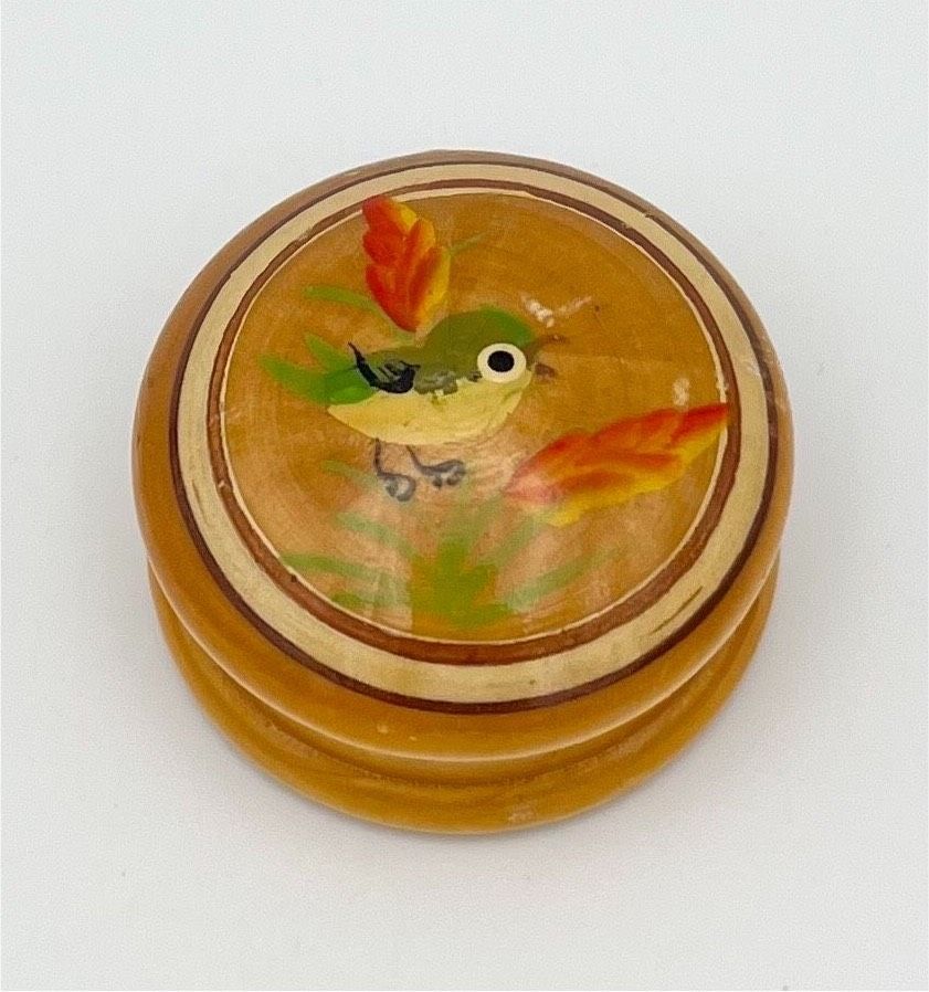 Vintage Pillendose Holz Schmuckbox Vogel Fink Blume Schatulle RAR in Schwerin