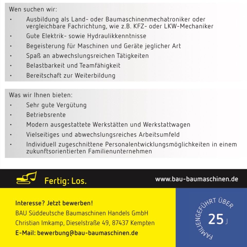 Land- und Baumaschinenmechatroniker (m/w/d) Mechaniker Kempten in Kempten