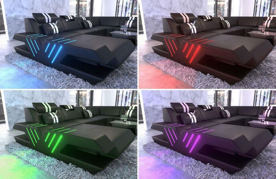 Stoff Sofa Wohnlandschaft Venedig XXL Couch mit Ottomane LED in Berlin