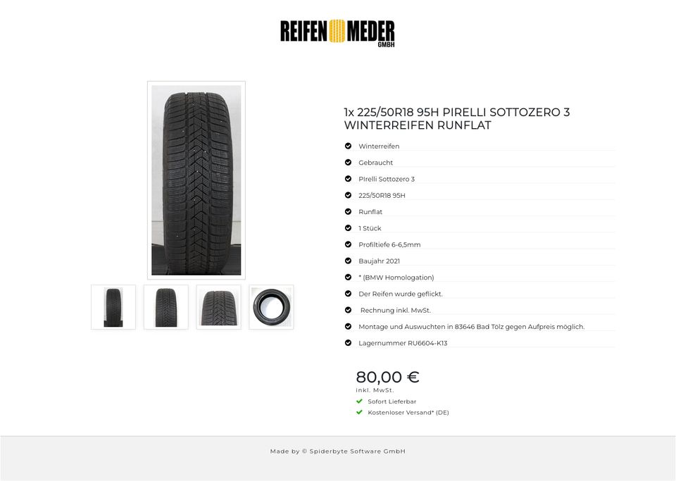 1x 225/50R18 95H PIRELLI SOTTOZERO 3 WINTERREIFEN RUNFLAT #1A4U in Bad Tölz