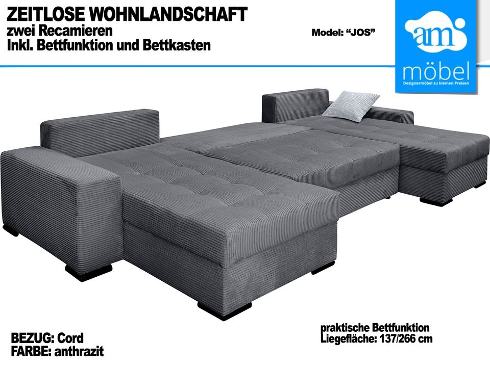 Sofa Couch Wohnlandschaft U Form Bettfunktion-Bettkasten Cord gra in Bremen