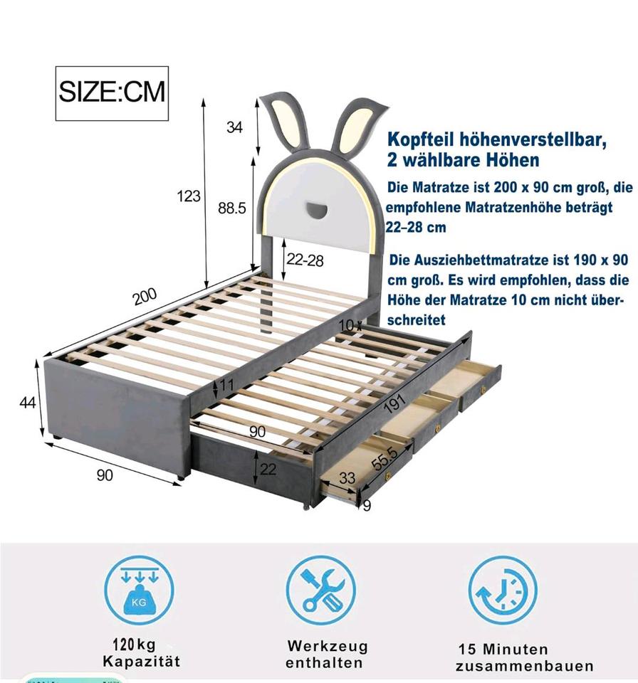 Nagelneu Kinderbett Polsterbett 90x200 Marke Rtopsu in Chemnitz