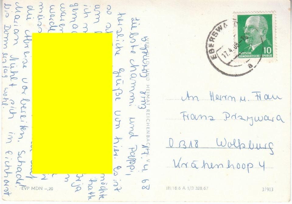 AK Postkarte Eberswalde 1968 nach Wolfsburg DDR-Briefmarke in Braunschweig