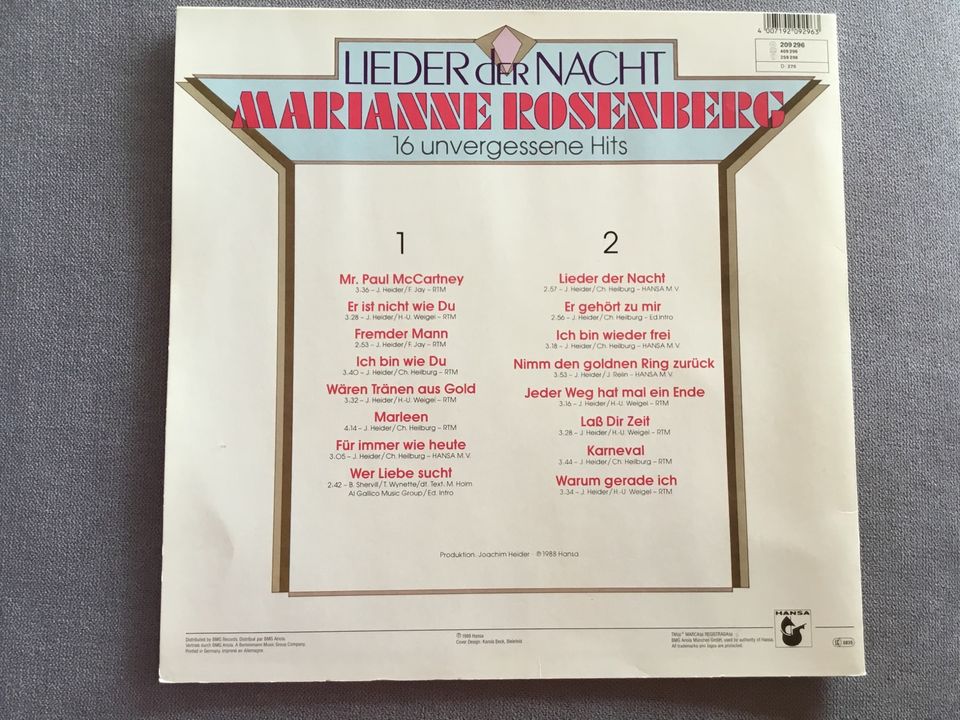 LP Lieder der Nacht von Marianne Rosenberg - 16 unvergessen Hits in Untermünkheim