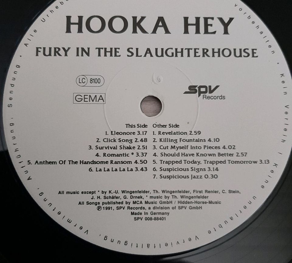 Fury In The Slaughterhouse Vinyl 1991 " Hooka Hey" Schallplatte in Braunschweig