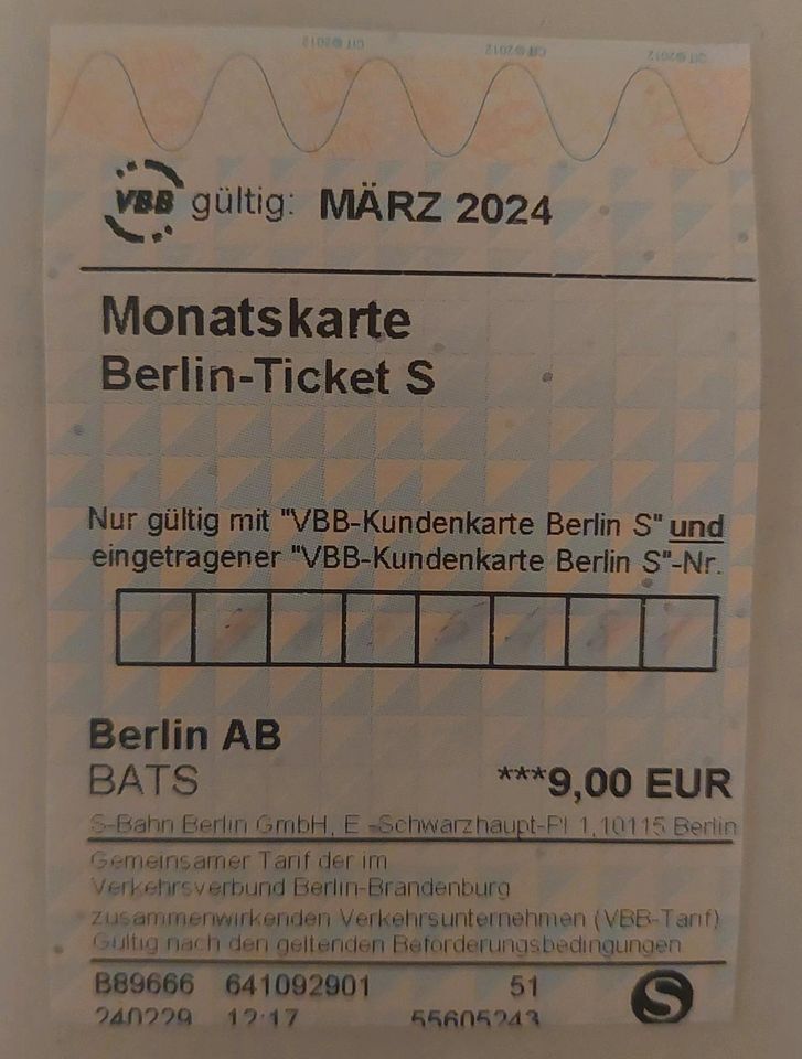 Berlin Ticket S März 2024 Monatskarte Monatsticket in Berlin