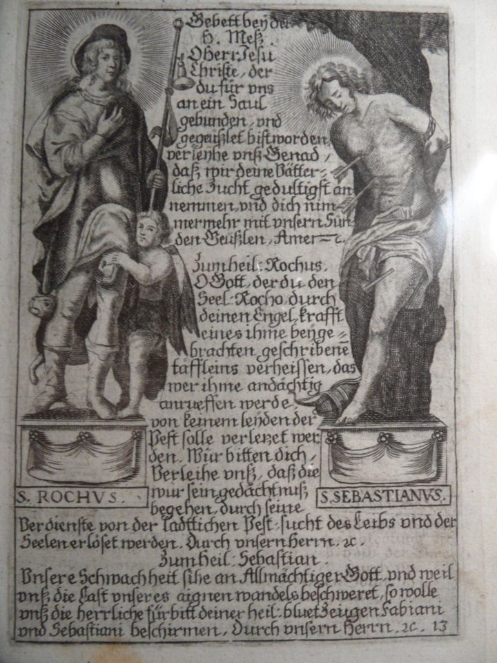 Holzstich St. Sebastian / Rochus (aus religiösem Buch /Bibel) in Bad Bertrich
