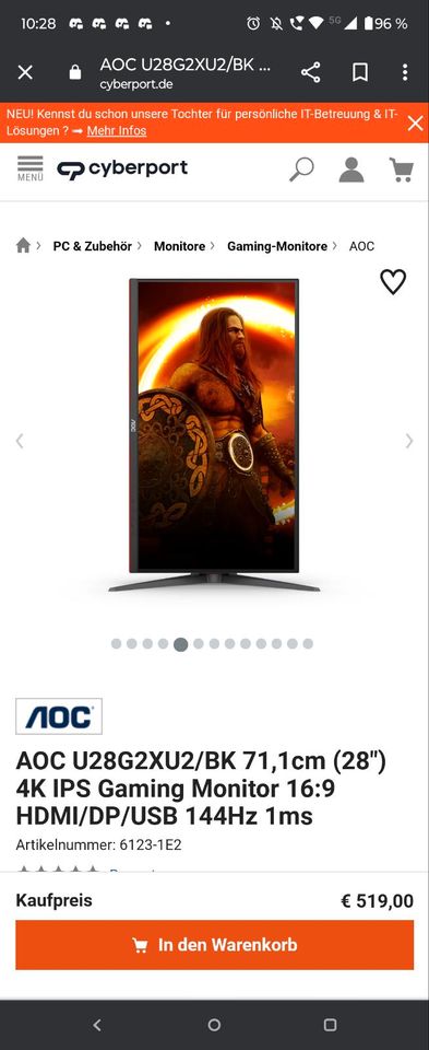 AOC U28G2XU2/BK 71,1cm (28") 4K IPS Gaming Monitor 16:9 HDMI/DP/U in Hartmannsdorf