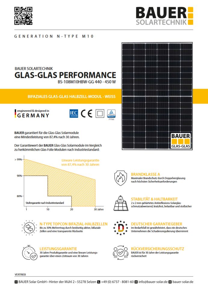 Bauer GLAS-GLAS Performance 445Wp Brandklasse A TOPCon in Markt Indersdorf