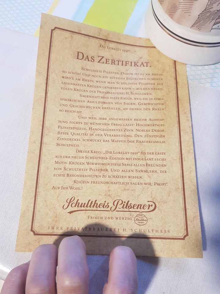 Bierkrug mit Zinndeckel und Zertifikat in Koblenz