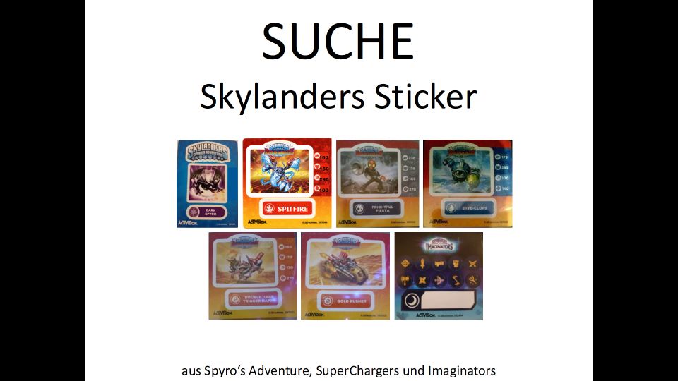 SUCHE Skylanders Sticker, Aufkleber Superchargers, Imaginators in Otzberg