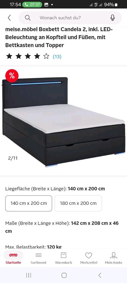 Boxspringbett 140.200 Candela mit LED Beleuchtung neu in Hannover