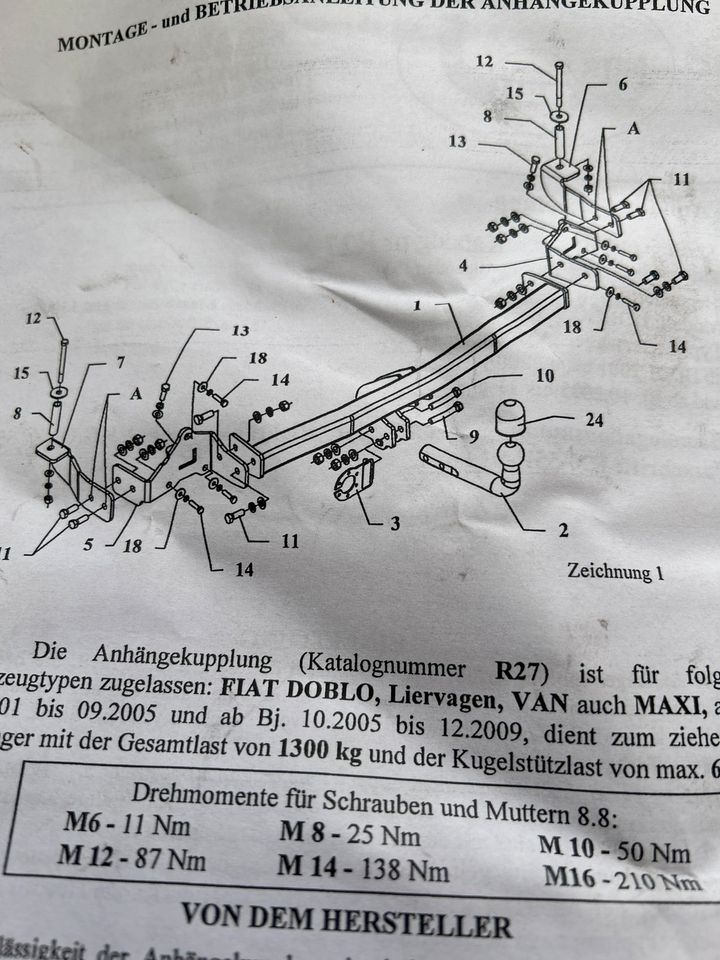 Anhängerkupplung Fiat doblo (223) mit e-Satz in Erkelenz