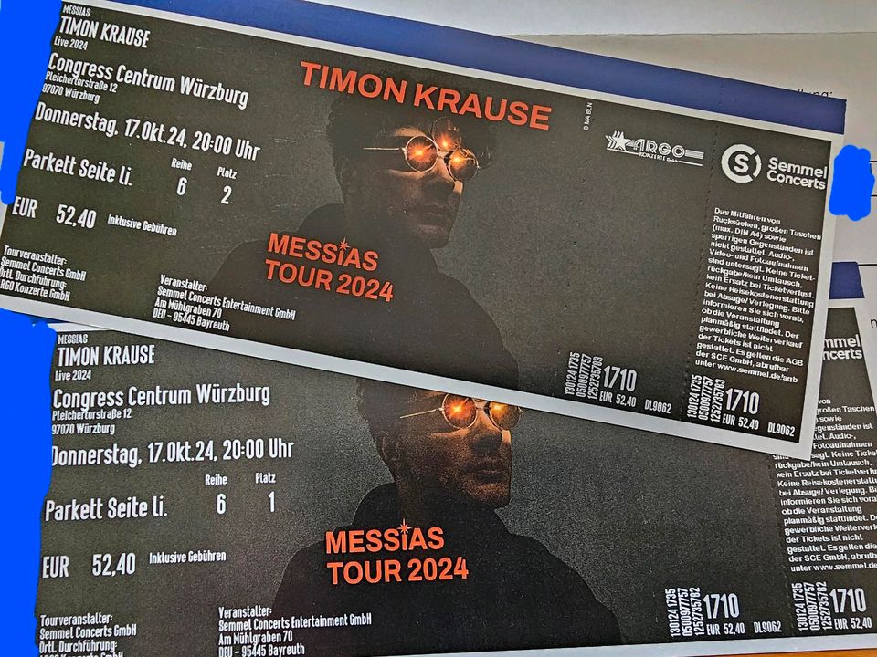 2 Tickets Timon Krause Würzburg, Randplätze, beste Kategorie in Bad Mergentheim