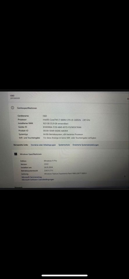 Lenovo thinkpad t560, 15,6“ Zoll, 16gb ram, 500gb ssd, Intel i-7-6600U, WIN 11 in Krefeld