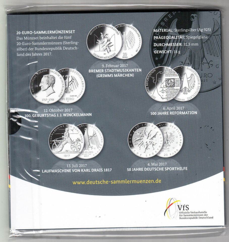 20 € Silber Silbermünzenset 2017 PP 5 x 20 € OVP 925 AG Deutschl in Rastenberg