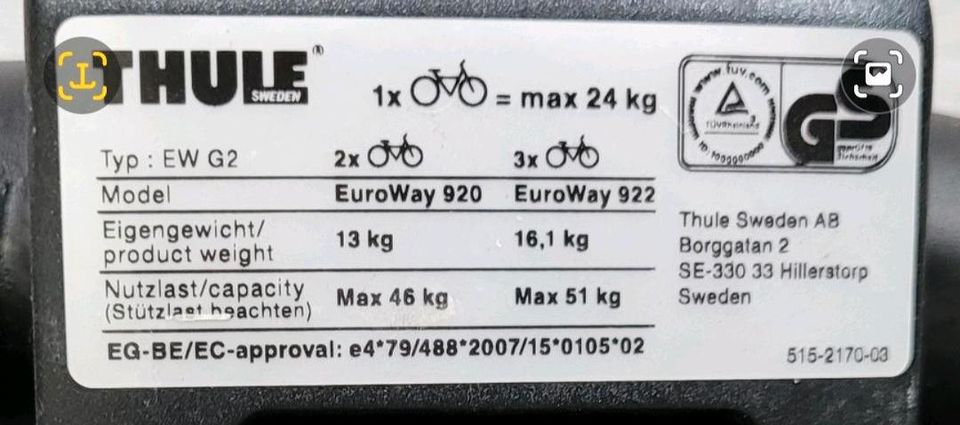 Thule Fahrradträger AHK G2 EuroWay 922 in Gummersbach