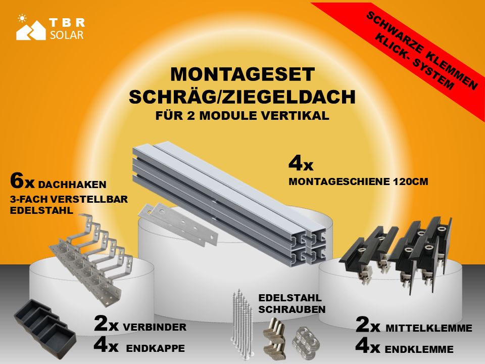 Dachmontage Set Balkonkraftwerk, Montageset PV auf Schrägdach / Ziegeldach für 2 PV- Module hochkant, nebeneinander, vertikal, BKW in Meinerzhagen