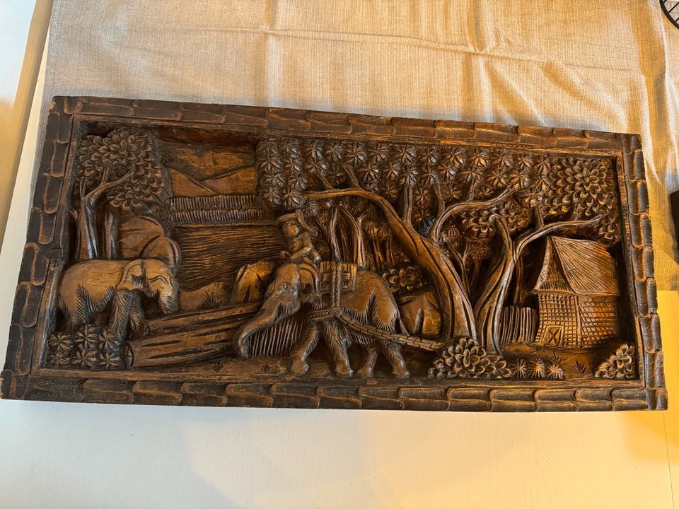 Holz Bild Schnitzerei Elefanten Wandbild 3D asiatisch Kunst in Neumünster