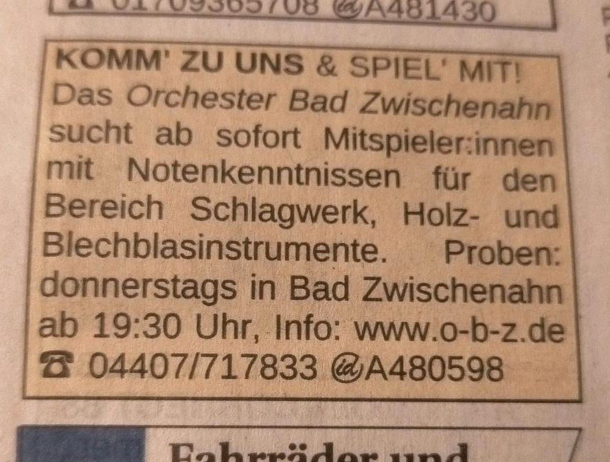 Orchester Bad Zwischenahn sucht Mitspieler;innen mit Notenkenntn in Barßel