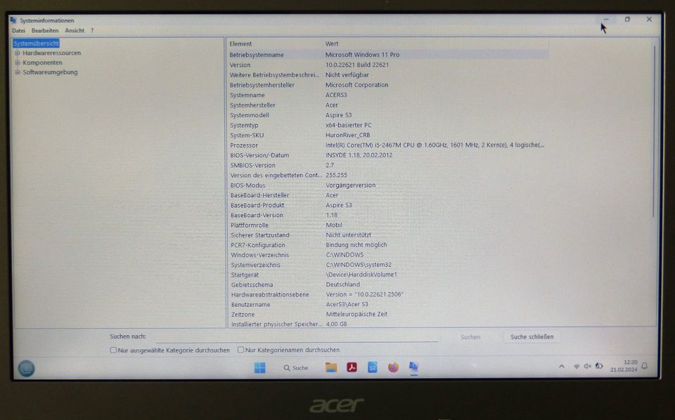 Acer Aspire S3 i5, 13,3“, Win11pro, 4/256GB, Akku+Nt neu in Wallmerod