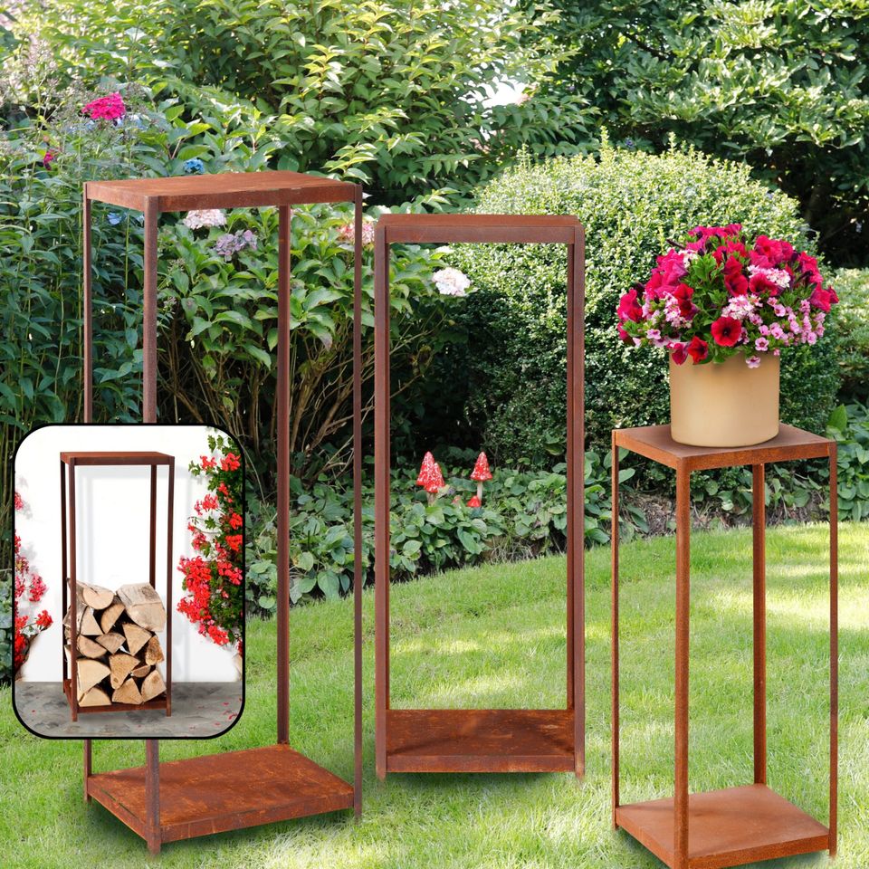 Metallregal Edelrost für den Garten für Holz / Pflanzen 100cmhoch in Eime