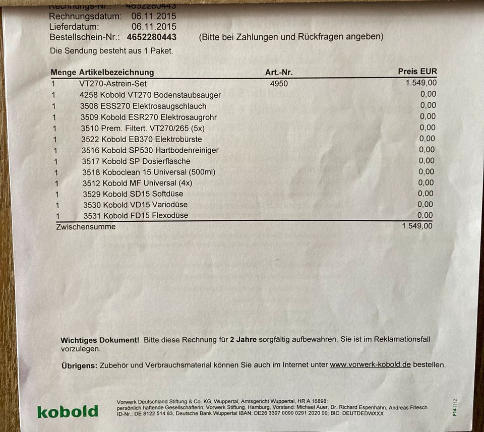 Vorwerk Kobold VT270 Saug-und Nasswischet in Sonsbeck