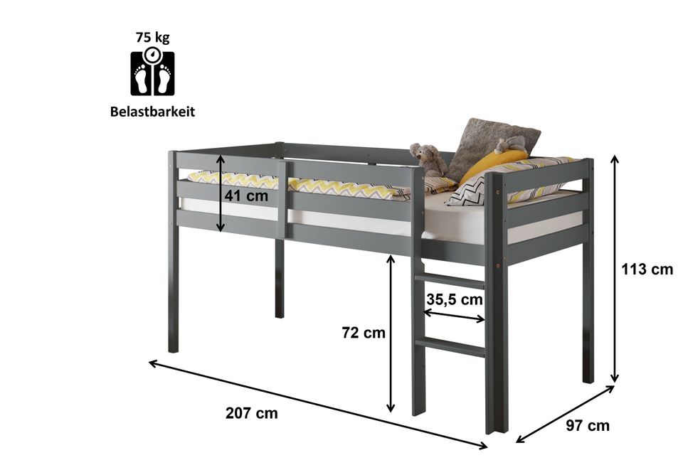 Kinderbett Hochbett Aron Kiefer massiv grau 90*200 cm NEUWARE in Hamm