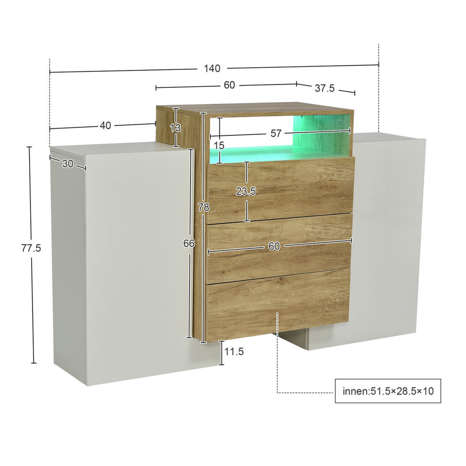 Sideboard Schrank Kommode LED Hochglanz Weiß Beistellschrank in Merenberg