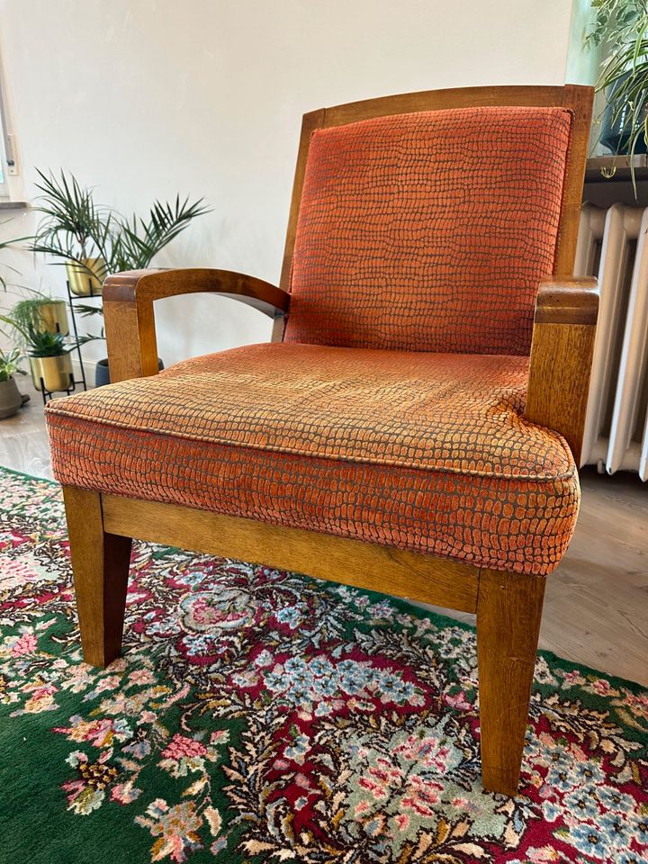2x Chairs, Wood with orange fabric in Stuttgart