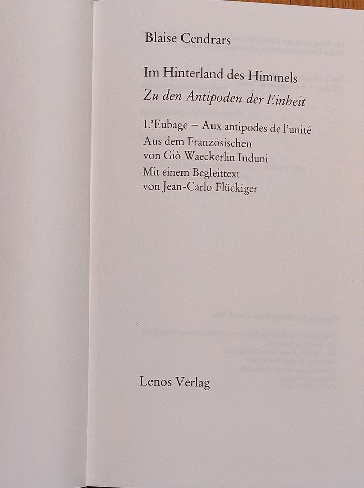 Blaise Cendrars. Im Hinterland des Himmels. Lenos Verlag 1987 in Wiehl